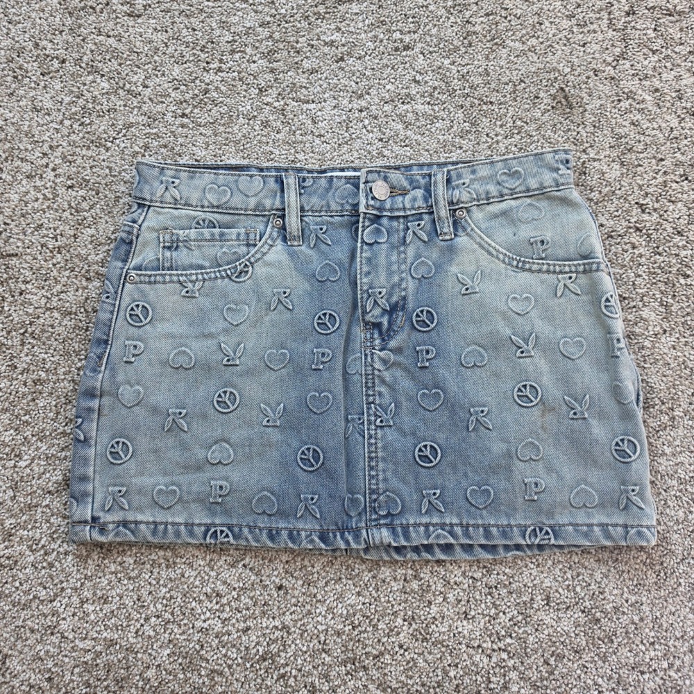 Playboy Denim Mini Skirt Womens 5 Light Wash Embossed Bunny Logo Y2K Ladies